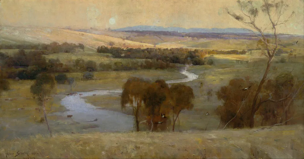 'Still glides the stream, and shall for ever ..., by Arthur Streeton, oil, 1896