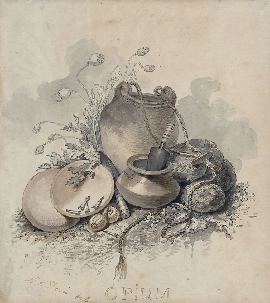 A group of objects associated with the cultivation of opium, by Arthur William Devis, watercolor, 1788