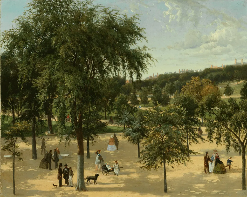 Boston Common, by Artist unknown, oil, 1856