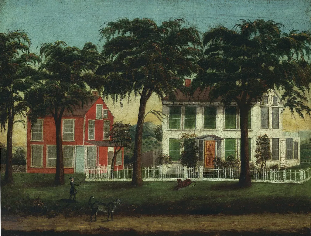 Houses on the Fox River, Illinois, by Artist unknown, oil, 1886