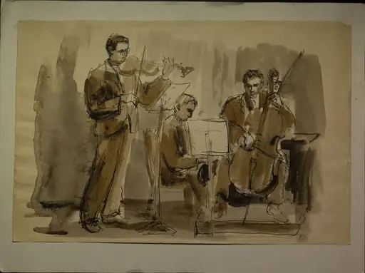 Desen în tuș și acuarelă redând o performanță muzicală a trioului compus din Valentin Gheorghiu (pian), Ștefan Gheorghiu (vioară) și Radu Aldulescu (violoncel). Lucia Cosmescu (1916-1969) a fost pictoriță și grafician român, Născută în Galați, a făcut studii de pictură la Academia de Arte Frumoase din București. A doua jumătate a sec. XX, by artistă Lucia Cosmescu