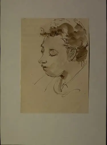 Portret al artistei Ligia Macovei, din semiprofil, spre stânga. Ligia Macovei (1916 - 1998) a fost o graficiană, pictoriță și colecționară de artă. Ligia Macovei a fost deputat în Marea Adunare Națională în sesiunea 1952 -1957.[2] Ligia Macovei a fost căsătorită cu arhitectul și demnitarul comunist Pompiliu Macovei (1911 - 2008). Lucia Cosmescu (1916-1969) a fost pictoriță și graficiană româncă, Născută în Galați, a făcut studii de pictură la Academia de Arte Frumoase din București., by artistă Lucia Cosmescu