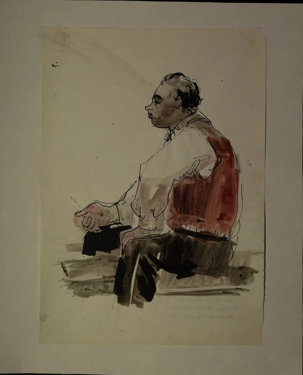 Portret al pictorului Pavel Codiță (1916-2000), până la brâu, așezat, din profil, spre stânga. la pian. Lucia Cosmescu (1916-1969) a fost pictoriță și grafician român, Născută în Galați, a făcut studii de pictură la Academia de Arte Frumoase din București., by artistă Lucia Cosmescu