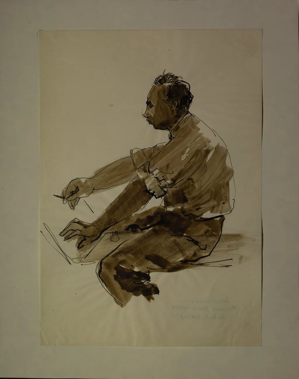 Portret al pictorului Pavel Codiță, din profil, spre stânga. Redat până la brâu, așezat, desenând. Lucia Cosmescu (1916-1969) a fost pictoriță și graficiană româncă, Născută în Galați, a făcut studii de pictură la Academia de Arte Frumoase din București., by artistă Lucia Cosmescu