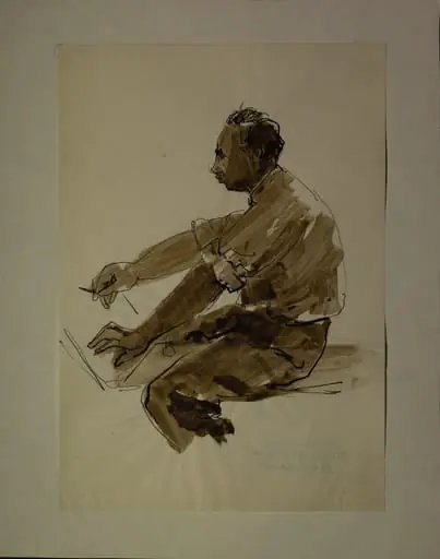 Portret al pictorului Pavel Codiță, din profil, spre stânga. Redat până la brâu, așezat, desenând. Lucia Cosmescu (1916-1969) a fost pictoriță și graficiană româncă, Născută în Galați, a făcut studii de pictură la Academia de Arte Frumoase din București., by artistă Lucia Cosmescu