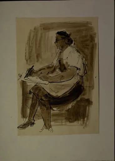 Portret în acuarelă al Mariei Borșanu, așezată, din profil, spre stânga. Desenând. Maria Borșanu a fost membră a Uniunii Artiștilor Plastici. Lucia Cosmescu (1916-1969) a fost pictoriță și graficiană româncă, Născută în Galați, a făcut studii de pictură la Academia de Arte Frumoase din București., by artistă Lucia Cosmescu