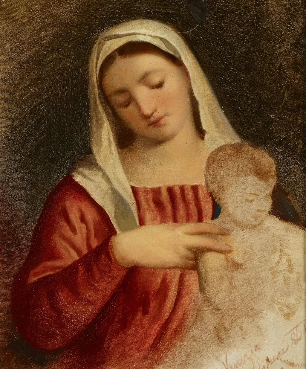 Madonna with Child – Copy of the fragment of the painting "Madonna with Child and Saints" by Bonifacio Veronese, by Artur Grottger, unspecified, 1864