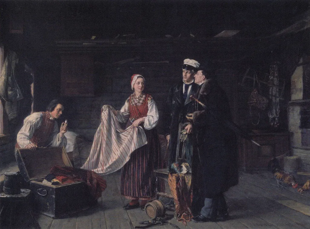 Buying National Dresses at Säkylä, by Arvid Liljelund, oil, 1890