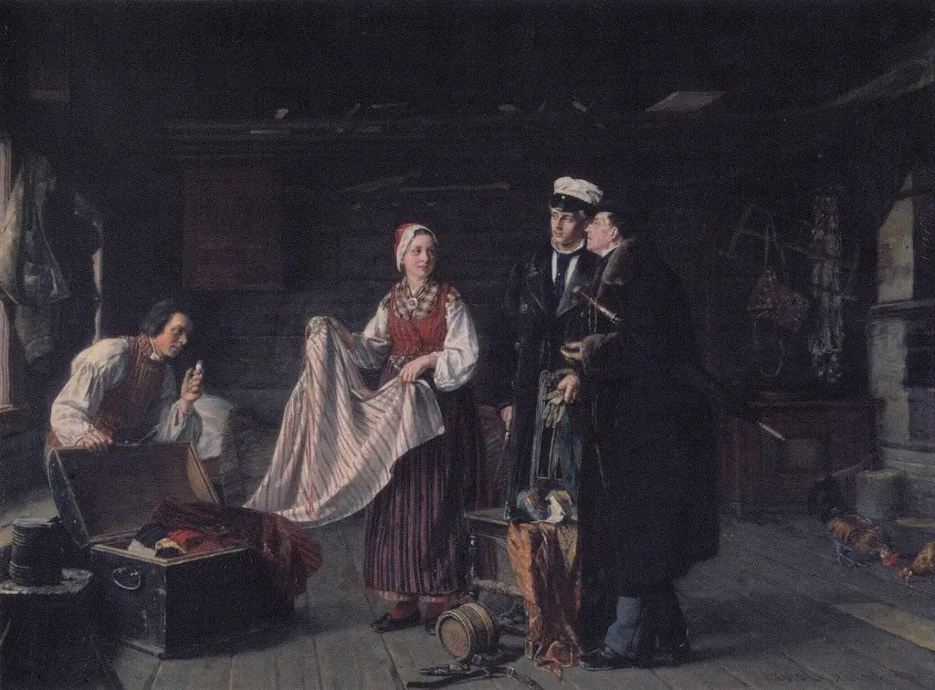 Buying National Dresses at Säkylä, by Arvid Liljelund