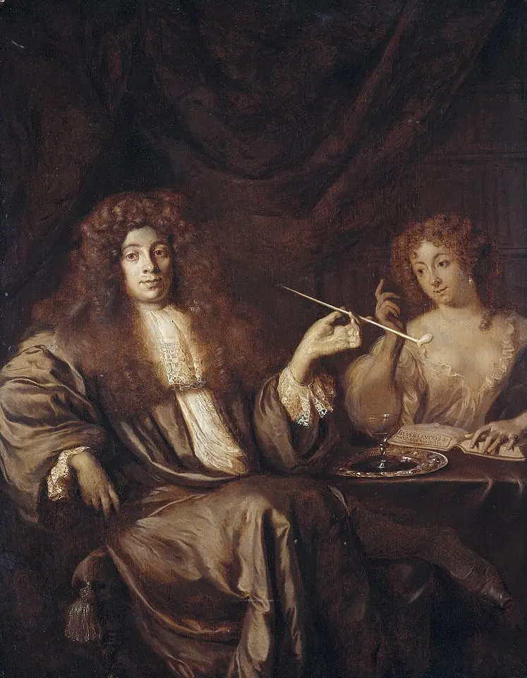 Portrait of Adriaan van Veverland (1651-ca.1712), writer of theological works and satires, with a wanton woman, by Ary de Vois
