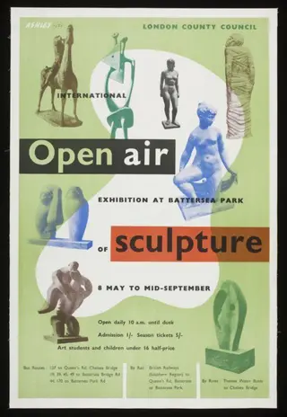 Open air exhibition at Battersea Park of sculpture, by Ashley Havinden, 1951