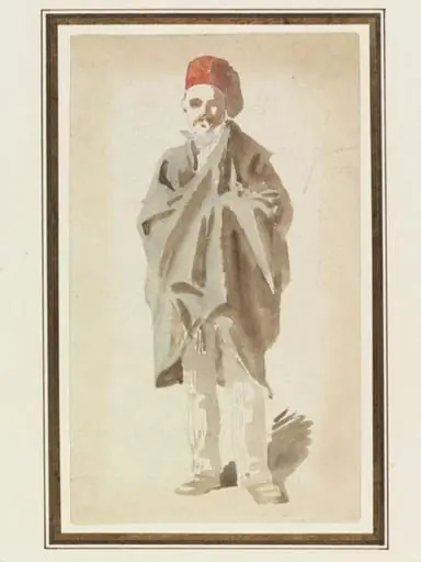 A man wearing a fez and wrapped in a long cloak, by Aster Corbould