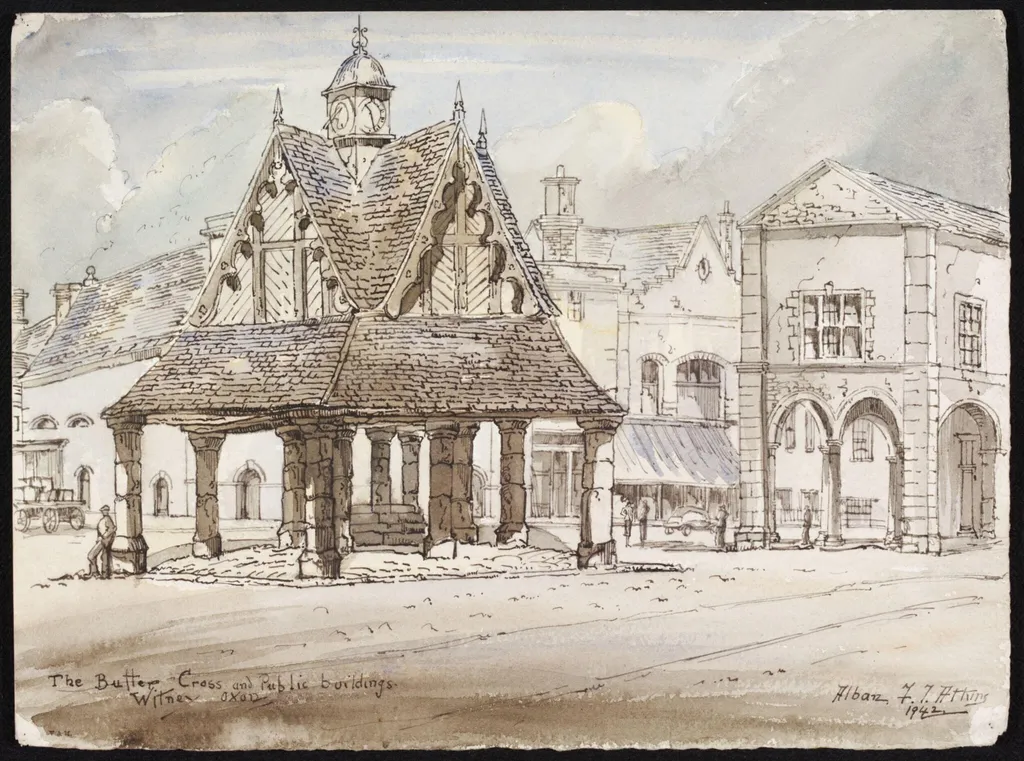 The Butter Cross and Public Buildings, Witney, by Atkins, watercolor, 1942
