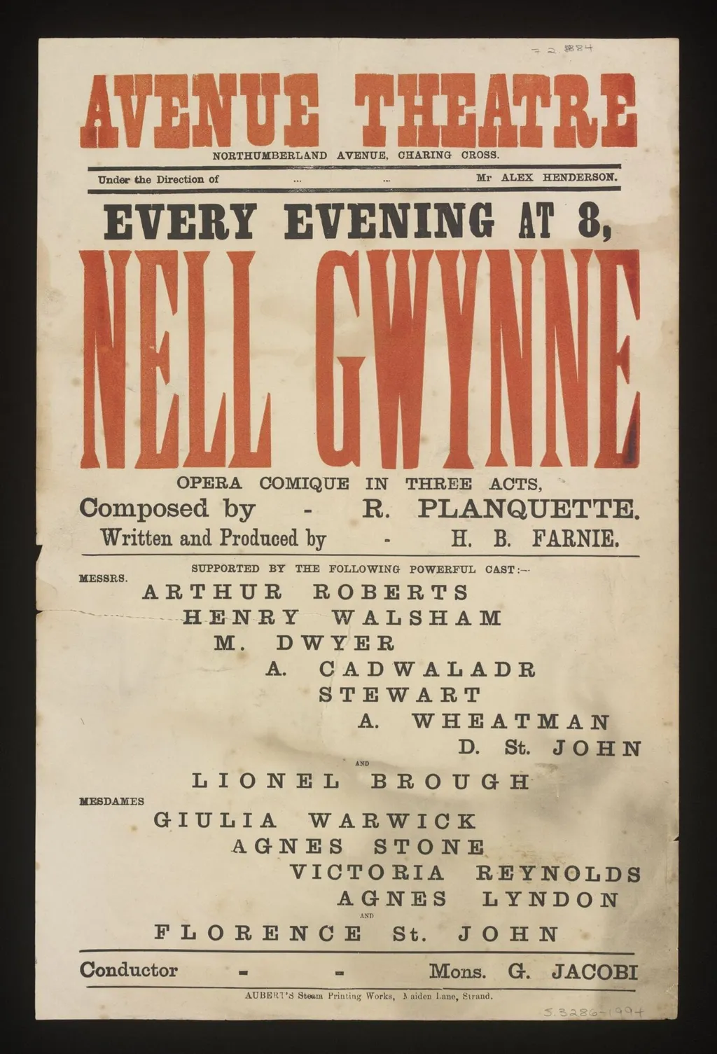 Nell Gwynne, by Aubert's Steam Printing Works, 1884