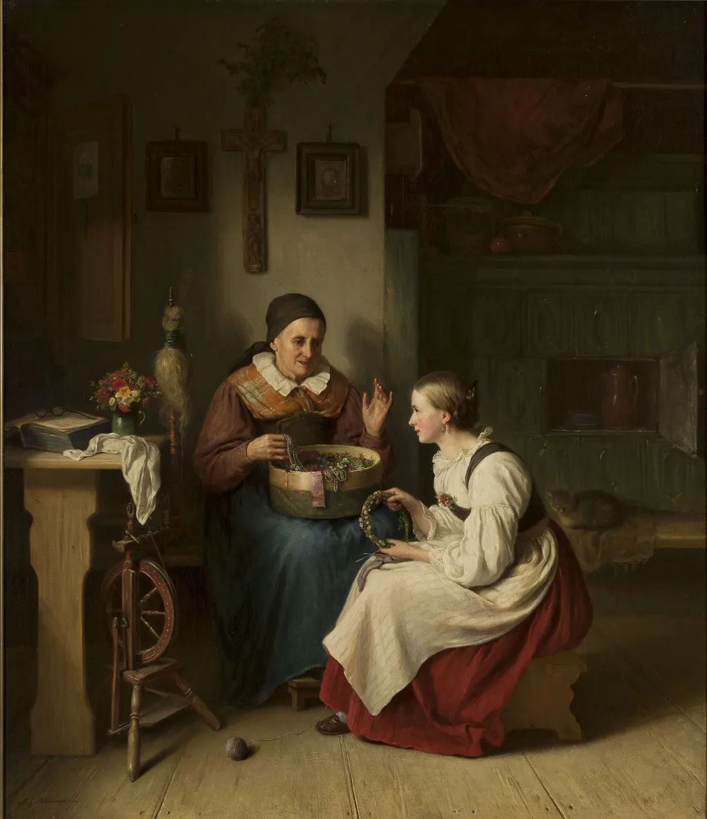 Grandmother with her granddaughter, by August Heinrich Niedmann, oil, 1876