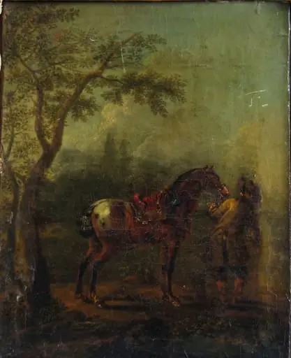 Cal murg deschis și un grăjdar; pandant: Cal murg închis și un grăjdar, by August Querfurt