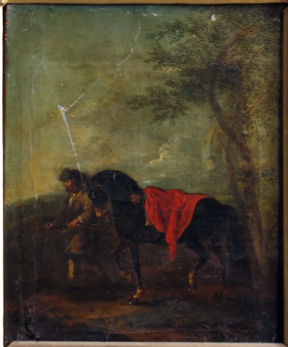 Cal murg închis și un grăjdar; pandant: Cal murg deschis și un grăjdar, by August Querfurt, 1738