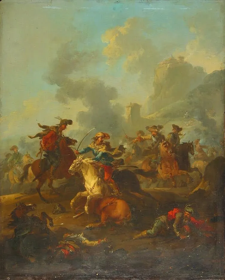 Cavalry Encounter, by August Querfurt, oil, 1750