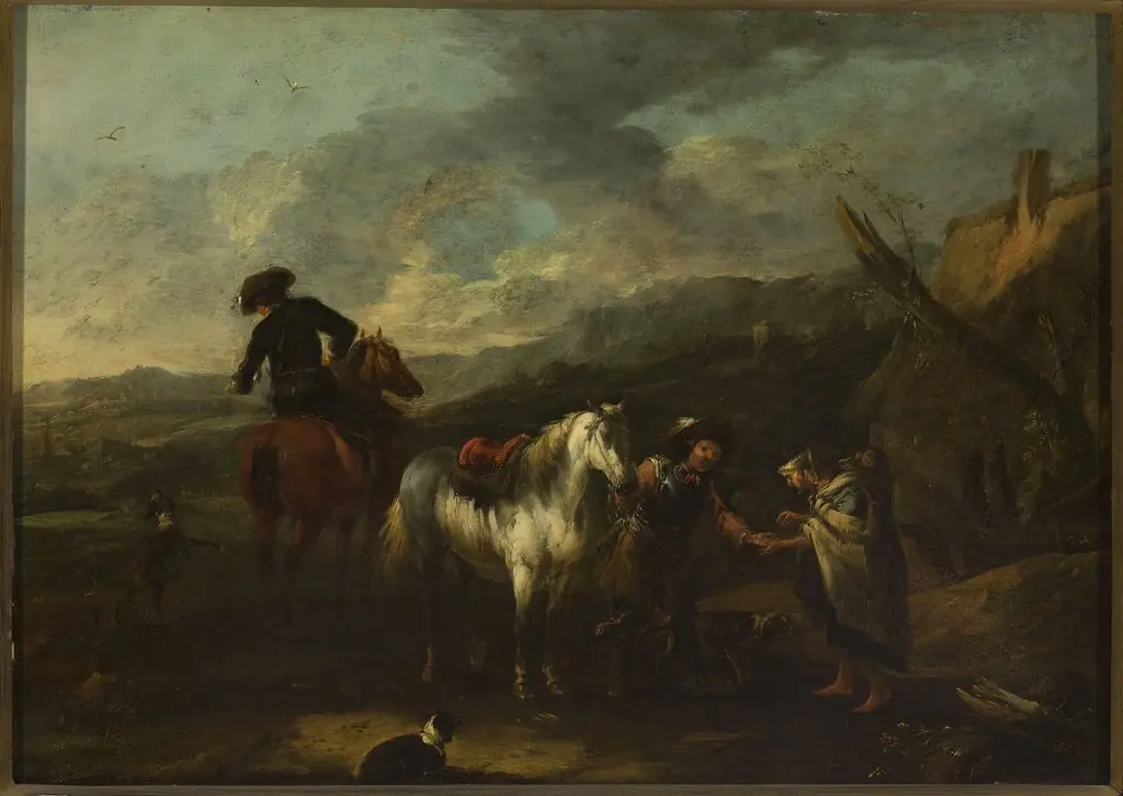 Horsemen and a beggar woman against landscape, by August Querfurt