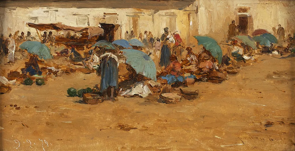 Hungarian market with blue umbrellas, by August von Pettenkofen, oil, 1874