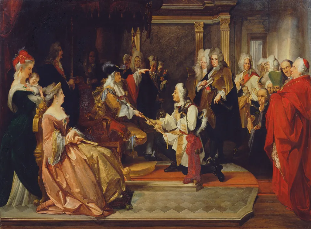 Kaiser Karl VI. überreicht Prinz Eugen nach der Schlacht bei Belgrad den Ehrendegen, by August Wenzel Mantler, oil, 1865