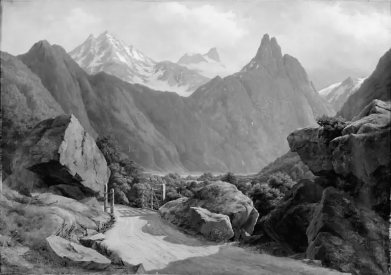 Parti af Romsdalen med Romsdals Horn og Vikingetinderne i Norge, by August Wilhelm Boesen