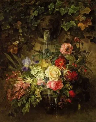 Flowers under a lion-mask fountain, by Augusta Wilhelmine Reichelt, 1883