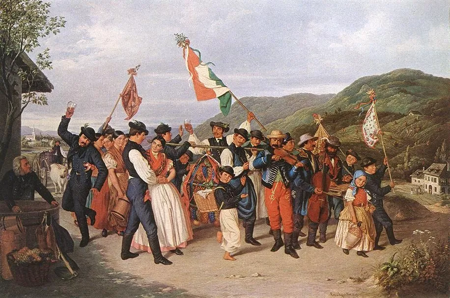 Wine Harvest near Vác, by Auguste Alexis Canzi, oil, 1859