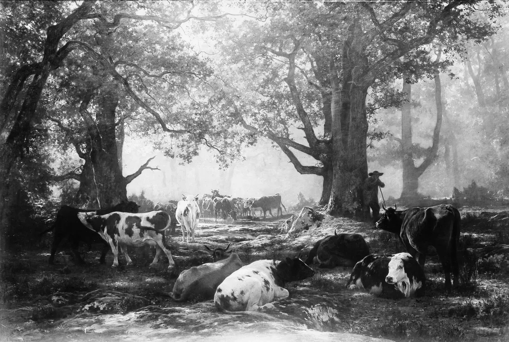 Environs of Fontainebleau: Woodland and Cattle, by Auguste Bonheur, oil, 1864