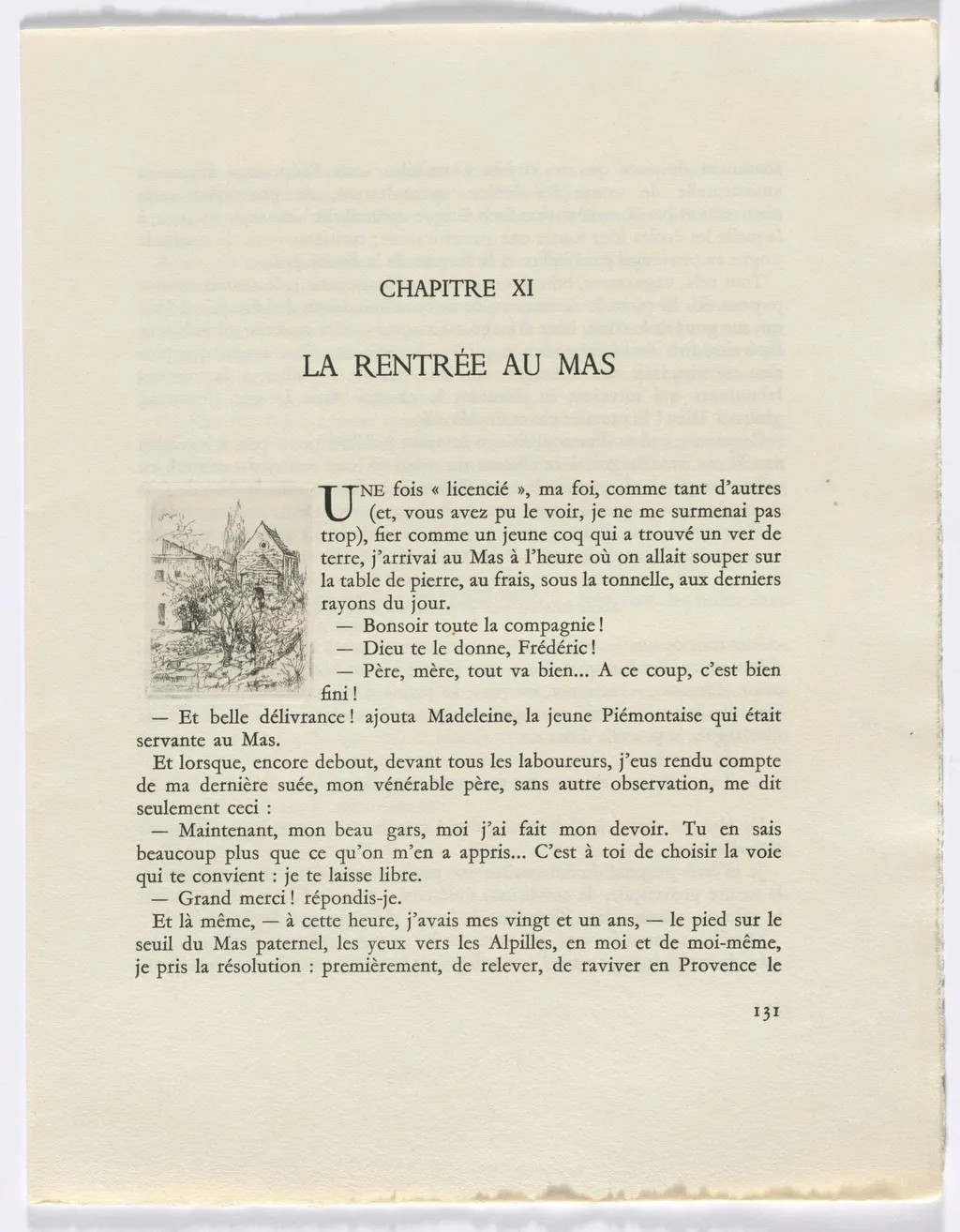 Frédéric Mistral: Mémoires et Recits by Frédéric Mistral: buildings and trees (page 131), by Auguste Brouet, 1937