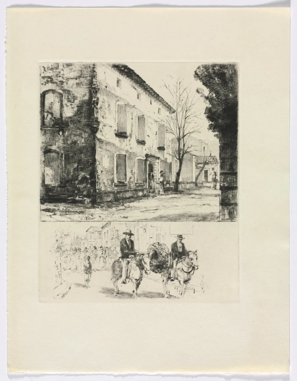 Frédéric Mistral: Mémoires et Recits by Frédéric Mistral: building/ figures on horse (insert after p. 224), by Auguste Brouet, 1937