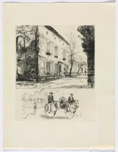 Frédéric Mistral: Mémoires et Recits by Frédéric Mistral: building/ figures on horse (insert after p. 224), by Auguste Brouet