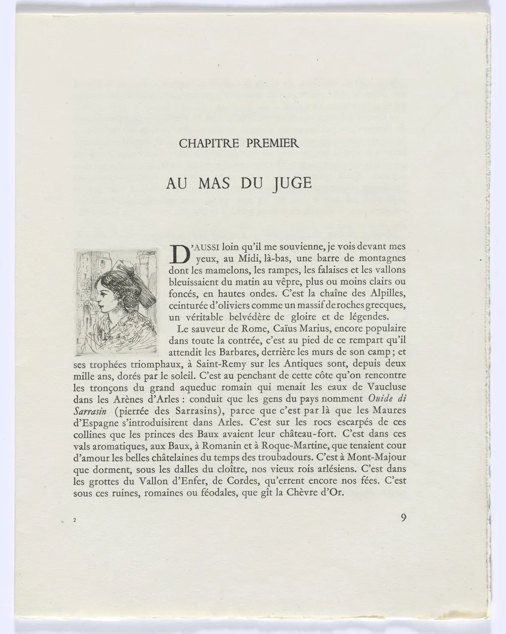 Frédéric Mistral: Mémoires et Recits by Frédéric Mistral: bust of woman in profile (page 9), by Auguste Brouet, 1937