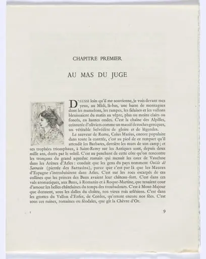 Frédéric Mistral: Mémoires et Recits by Frédéric Mistral: bust of woman in profile (page 9), by Auguste Brouet