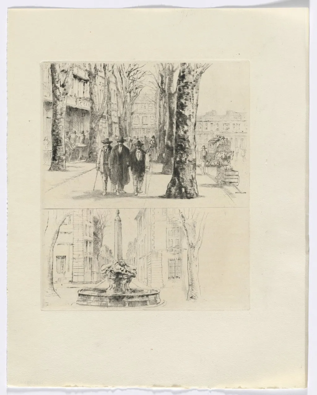 Frédéric Mistral: Mémoires et Recits by Frédéric Mistral: city street scene/ fountain (insert after p. 120), by Auguste Brouet, 1937