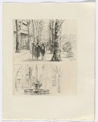 Frédéric Mistral: Mémoires et Recits by Frédéric Mistral: city street scene/ fountain (insert after p. 120), by Auguste Brouet