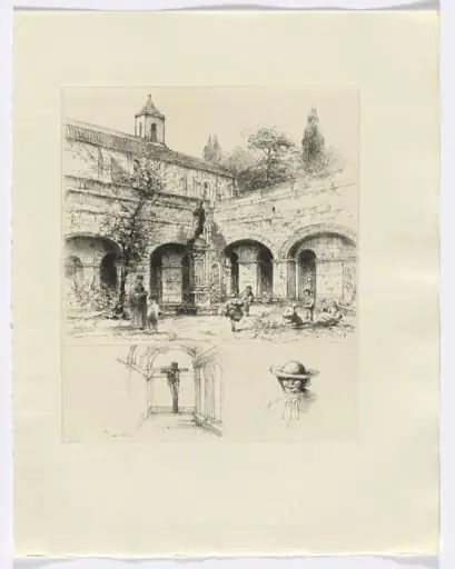 Frédéric Mistral: Mémoires et Recits by Frédéric Mistral: figures in a cloister/ crucifix and bust of a man (insert after p. 56), by Auguste Brouet