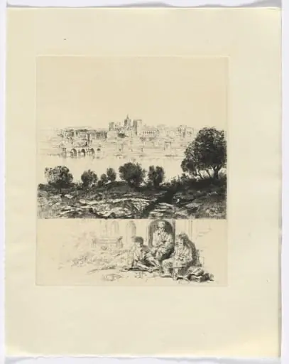 Frédéric Mistral: Mémoires et Recits by Frédéric Mistral: landscape with river and city view/ three figures (insert after p. 72), by Auguste Brouet