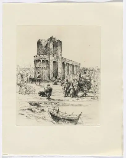 Frédéric Mistral: Mémoires et Recits by Frédéric Mistral: Romanesque church and figures/ man in boat (insert after p. 168), by Auguste Brouet
