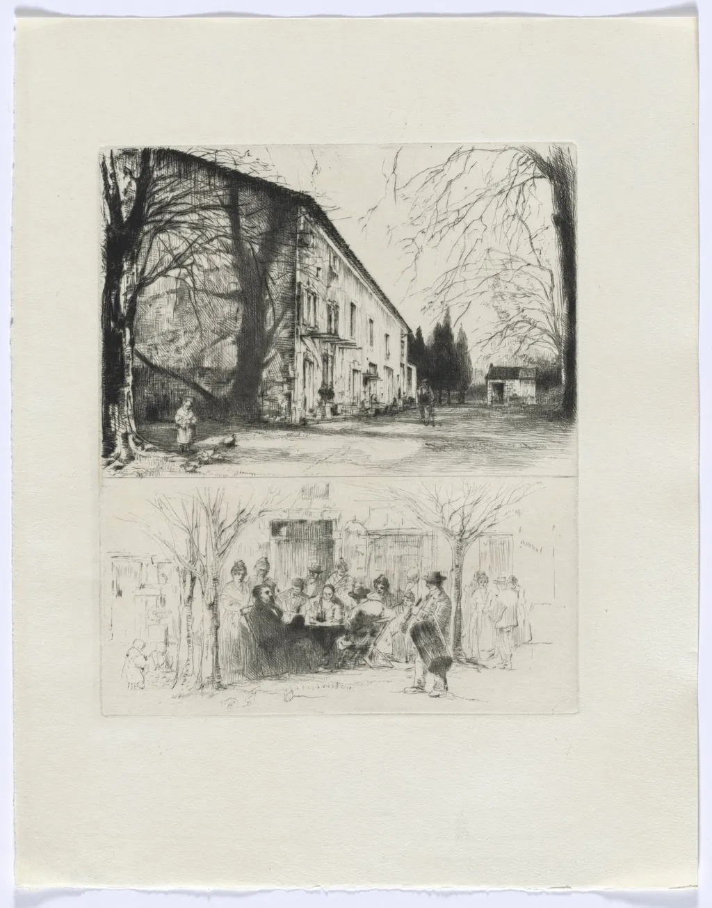 Frédéric Mistral: Mémoires et Recits by Frédéric Mistral: street scene and people at outdoor table (insert after p. 24), by Auguste Brouet, 1937