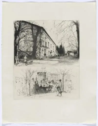 Frédéric Mistral: Mémoires et Recits by Frédéric Mistral: street scene and people at outdoor table (insert after p. 24), by Auguste Brouet
