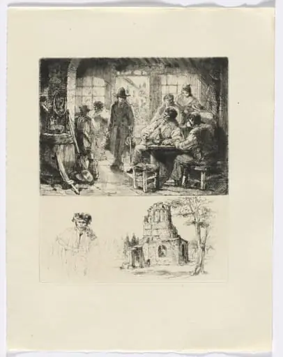 Frédéric Mistral: Mémoires et Recits by Frédéric Mistral: tavern scene/ ruin and man (insert after p. 96), by Auguste Brouet