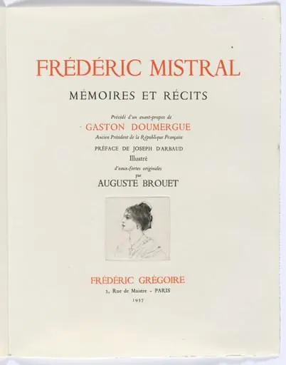Frédéric Mistral: Mémoires et Recits by Frédéric Mistral: title page, bust of woman in profile, by Auguste Brouet