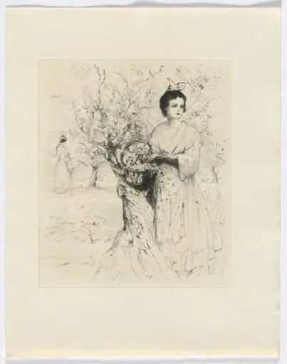 Frédéric Mistral: Mémoires et Recits by Frédéric Mistral: woman outside with a basket of flowers (insert after p. 192), by Auguste Brouet