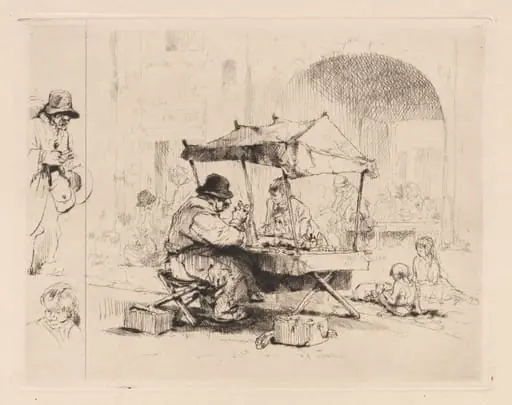 [Merchant in his stall with children playing], by Auguste Brouet