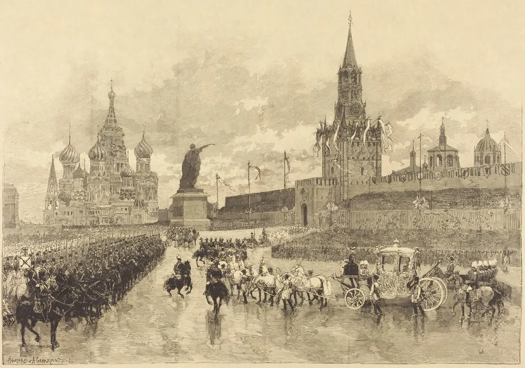 Le Couronnement du Tzar. Le Cortège imperiale traverse la Place Royale, by Auguste Gérardin, ink, 1883