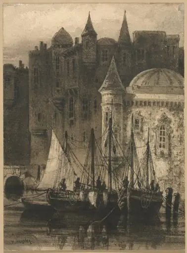 Harbor Scene with Boats and Castle, by Auguste Hervier