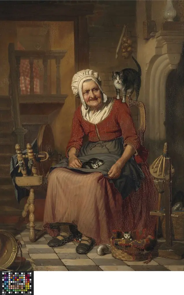 Oude vrouw met haar katten, by Auguste-Joseph De Mersseman