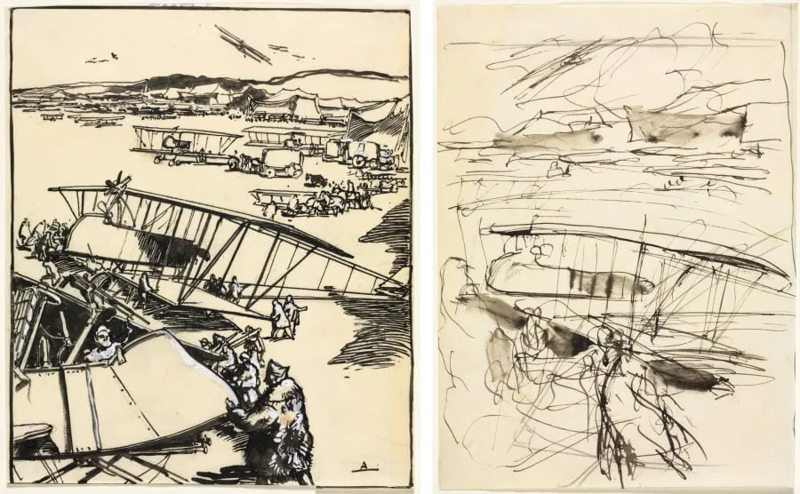 Avions reposant sur le terrain (recto and verso), by Auguste Lepère, 1914