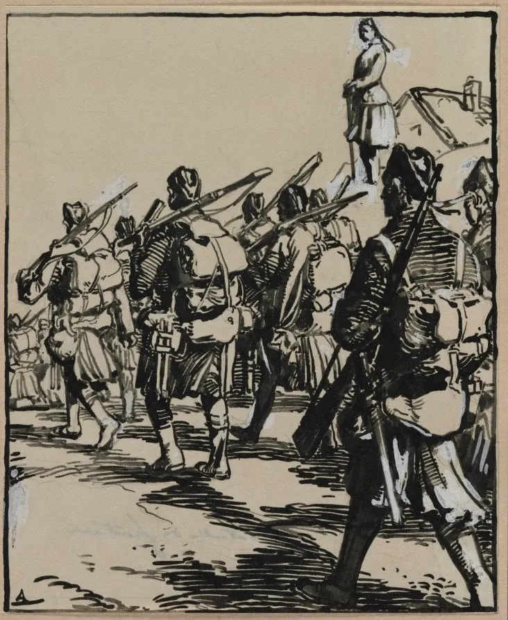 Bataille des frontières: groupe des soldats britanniques, by Auguste Lepère, 1914